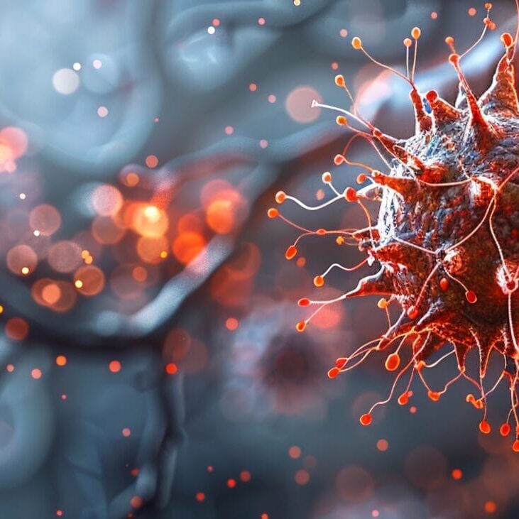 Illustration depicting the struggle against long COVID brain fog, with microscopic view of damaged cerebral vessels digital photography